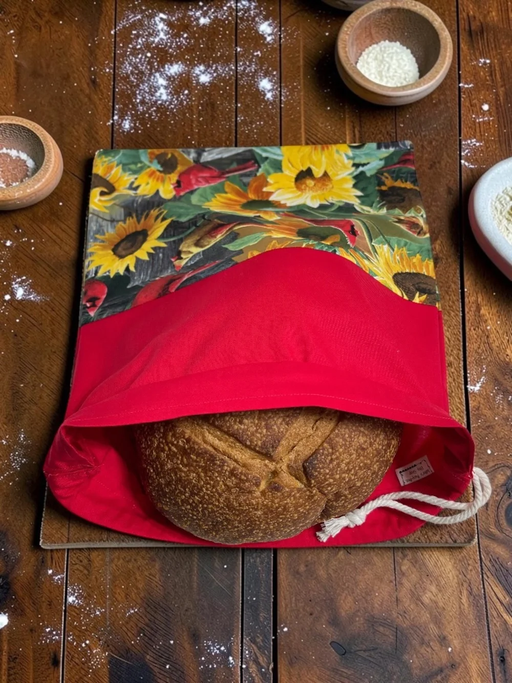 Red Cardinal & Sunflower Cotton Bread Bag, Reusable Sourdough Bread Keeper